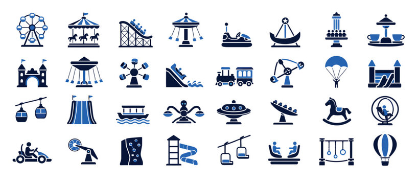 Colorful amusement park ride icons set.