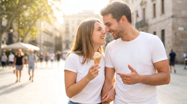 Happy man and woman eating ice cream walking on sunny city street