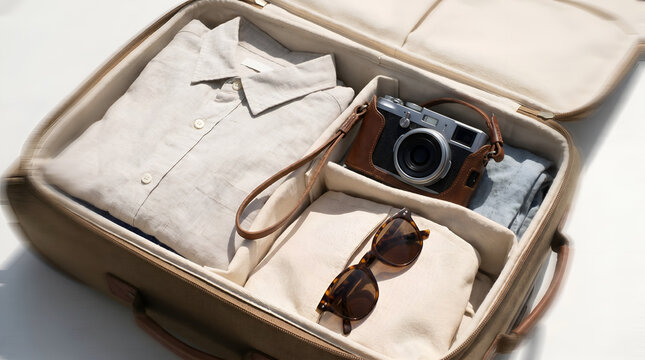 Open travel suitcase packed with summer clothes and vintage camera