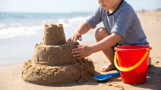 Little boy building large sandcastle on sunny beach near ocean water