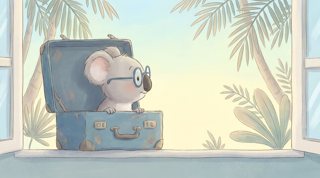Cartoon mouse wearing sunglasses sitting inside open travel suitcase