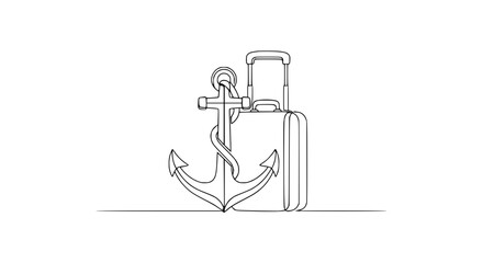 Continuous line drawing of anchor and suitcase, symbolizing travel and adventure © Siap