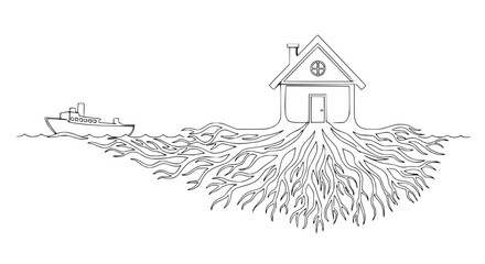 House anchored by roots in water with ship sailing nearby, surreal concept © Siap