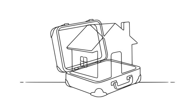 Open suitcase with house inside, symbolizing relocation or moving to a new home.