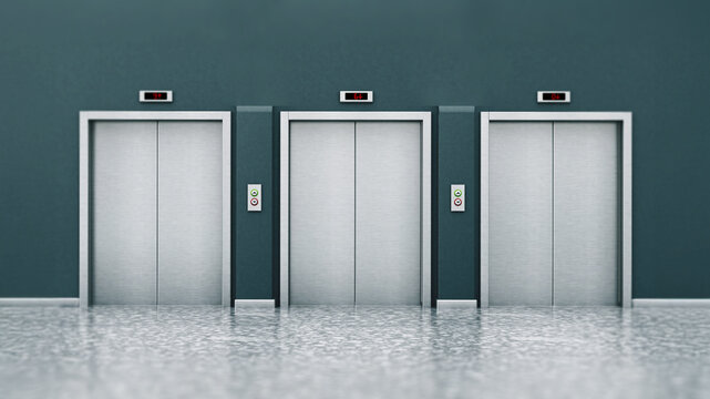 Front view of elevator doors on the corridor. 3D illustration