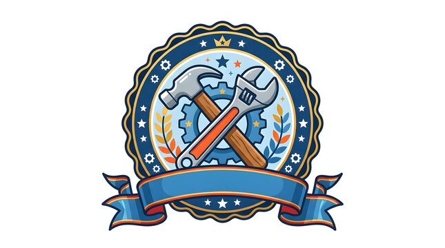 Vintage maintenance logo emblem featuring crossed hammer and wrench with ribbon and gear elements.