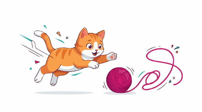 A playful ginger cat leaps towards a ball of yarn, its tail held high with excitement. The illustration style is cute and cartoonish, perfect for children's content