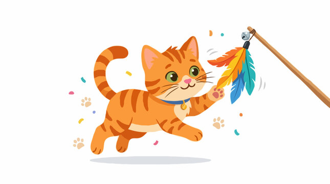 A playful ginger cat happily chases a feather toy, depicted in a vibrant, cartoonish illustration. The cat has green eyes and is wearing a blue collar.