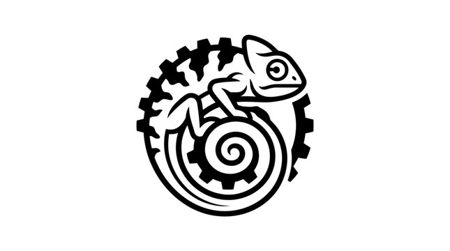 Chameleon lizard on mechanical gear wheel logo