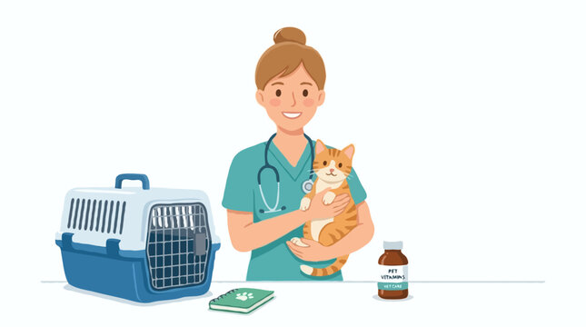A veterinarian holding a cat and standing next to a pet carrier and medicine. The veterinarian is wearing scrubs and a stethoscope, and the cat is orange tabby
