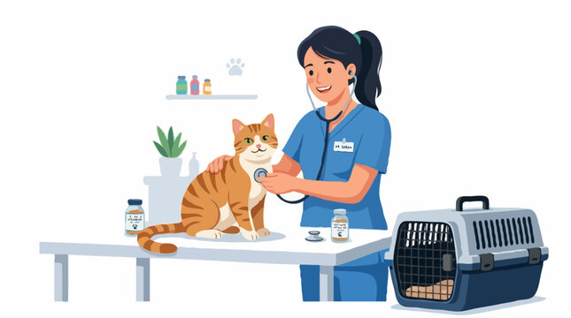A veterinarian is examining a cat with a stethoscope, checking its health. The cat is sitting on a table, and a carrier is nearby.