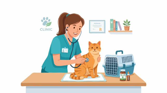 A friendly veterinarian examines a ginger cat with a stethoscope in a bright, clean clinic. The cat sits attentively on the examination table.