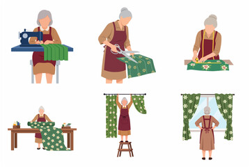 Senior woman sewing and making green floral curtains flat vector illustration set