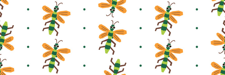 Dragonfly doodle kid insect with handmade flat small cute paper character and green children hand wings. Summer simple baby clipart cutout for colorful beetle jungle yellow preschool. © Елена Сорокина