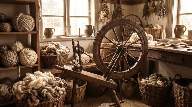 Traditional vintage spinning wheel with wool fibers in craft room  