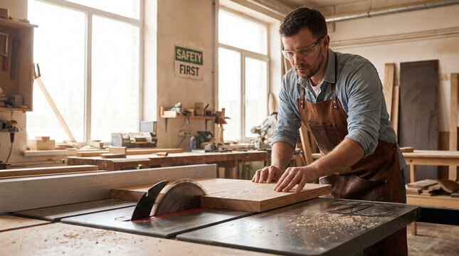 Man using table saw to cut lumber in workshop during daylight  