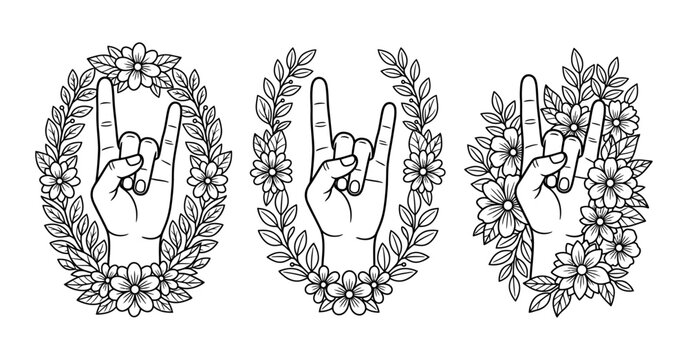 Three illustrated hands making rock and roll gesture surrounded by floral and leaf wreaths rendered in black outline devil horns peace sign floral wreath leaves flowers black and white