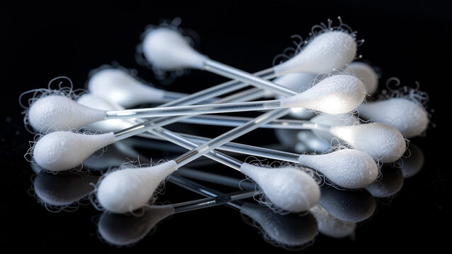 Cotton swabs piled on a reflective black surface