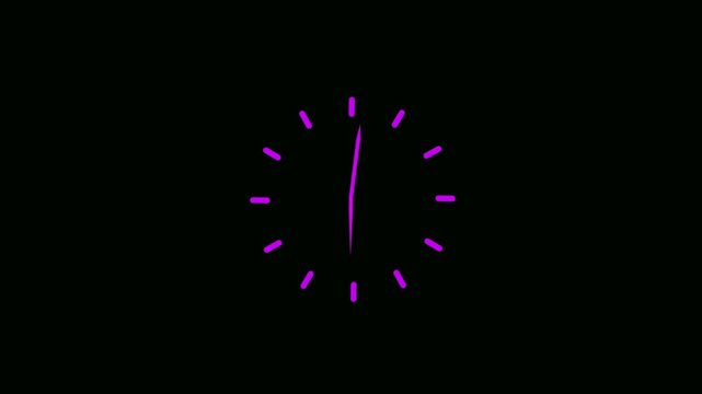 Purple analog clock with rotating hands on a black background for alpha channel overlay. Abstract time concept animation with minimalist design for motion graphics and video editing.