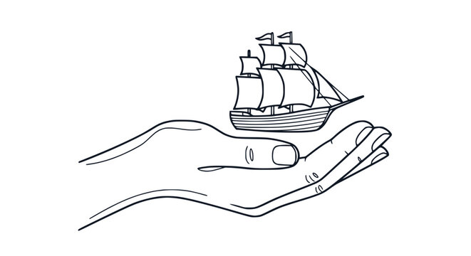Hand holding a sailing ship, line art illustration