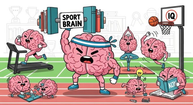 cartoon brains exercising, sport brain concept