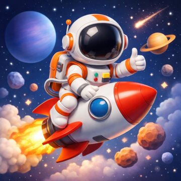 Astronaut riding rocket in space with planets