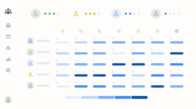 Team availability calendar dashboard with capacity heat strip, profile status cards, weekly schedule grid and blue workload bars, clean resource planning and workforce management vector interface