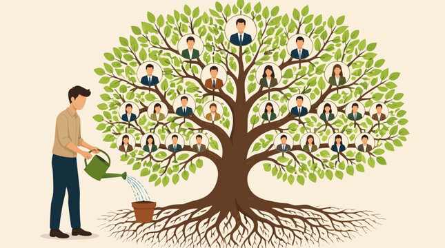 Faceless worker watering plant growing into a lush organizational tree with employee portraits, symbolizing leadership development, team growth, mentoring, culture and sustainable company structure