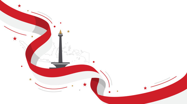 Festive Wavy Flag Background Design for Indonesia Independence Day Celebration with Monas Landmark