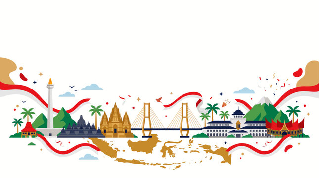 Indonesia Independence Day Celebration Graphic Featuring Famous Landmarks and National Cultural Heritage Elements