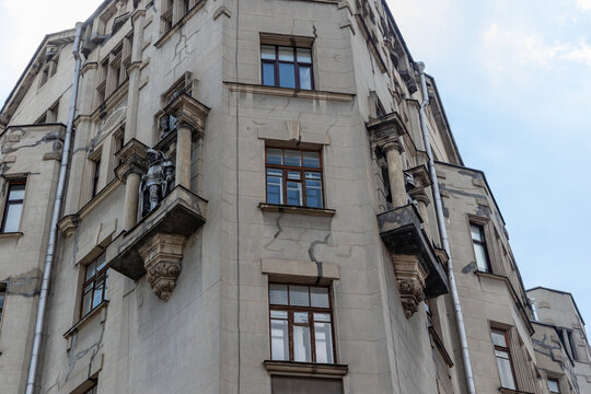 House with Knights historic building facade with statues on Arbat street