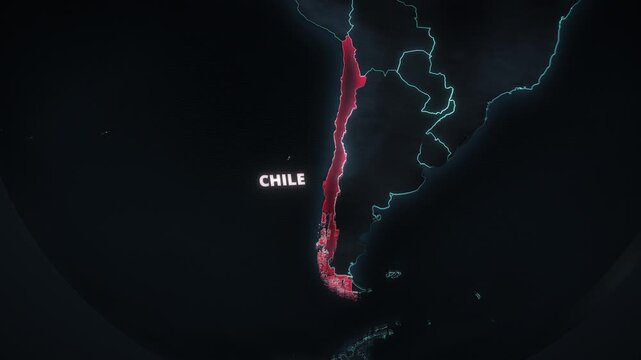 Digital map animation of Chile, South America featuring a glowing red alert highlight, designed for a broadcast news presentation.

