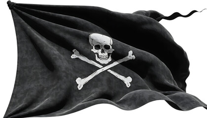 Obraz premium Classic black pirate flag with white skull crossbones symbol cut out isolated on transparent white background PNG. AI GENERATED. 