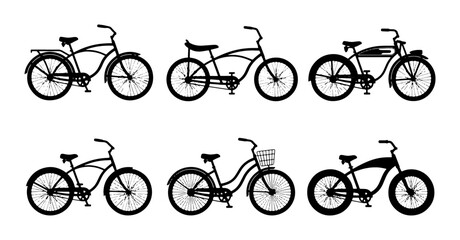 Obraz premium Retro Cruiser Bicycle Collection, Vintage Beach Bike Icons, Classic Cycling Vector Set