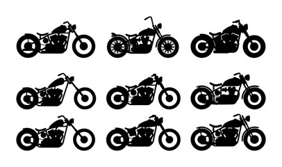 Motorcycle Silhouettes Collection: Chopper, Cruiser, Bobber Styles, Black Vector Icons for Transport and Lifestyle © Boby