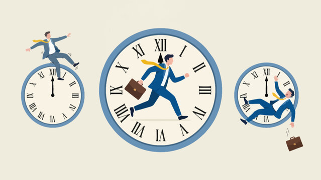 Three Clocks Featuring a Running Figure: Time, Motion, and Surreal Clock Illustration.