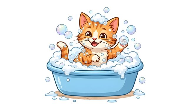 Adorable ginger kitten taking a bath in a blue tub, cute cartoon cat with soap bubbles and foam, happy pet grooming and hygiene illustration
