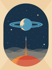 Retro minimalist space exploration poster with rocket launch, Saturn planet with rings and stars constellation inside an arch frame, vintage flat vector illustration © Daniele