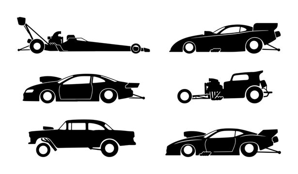 Drag Racing Cars Vector Set, Hot Rods and Funny Cars, Silhouette Collection for Automotive Graphics