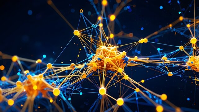 Complex digital neural network plexus with glowing orange brain-like node clusters