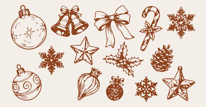 hand drawn christmas bells seamless pattern, vintage holiday ribbon vector illustration, brown candy cane line art background, christmas star sketch fabric print design, holiday decoration wallpaper p