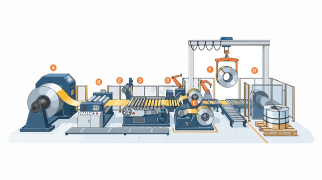 Automated industrial metal coil processing and slitting production line machinery.