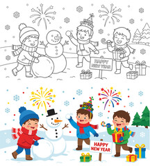 Fototapeta premium Happy New Year Winter Coloring Page with Kids and Snowman