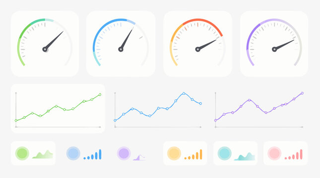 Modern flat vector dashboard widget icon set with speedometer gauges, colorful analytics line charts, KPI stat tiles and clean data monitoring cards for app UI, business metrics and web reports