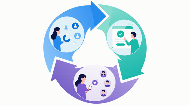 No text growth loop infographic with circular arrows linking acquisition, activation and referral scenes, customer lifecycle marketing cycle, SaaS startup strategy flat vector illustration