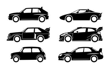 Obraz premium Performance Car Silhouettes Collection, Rally and Sports Vehicle Icons, Automotive Vector Set