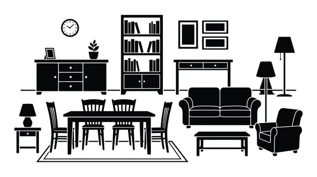 Furniture silhouettes against a white background a graphic interior design set