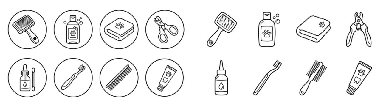 Pet grooming icons set, professional animal care tools collection, 16 line art illustrations of dog brush, shampoo, nail clippers and dental hygiene