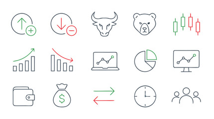 Fototapeta premium Stock trading thin line icon set with buy and sell signals, bull and bear market symbols, candlestick chart, portfolio graphs, wallet, money bag and ticker screens, editable vector collection