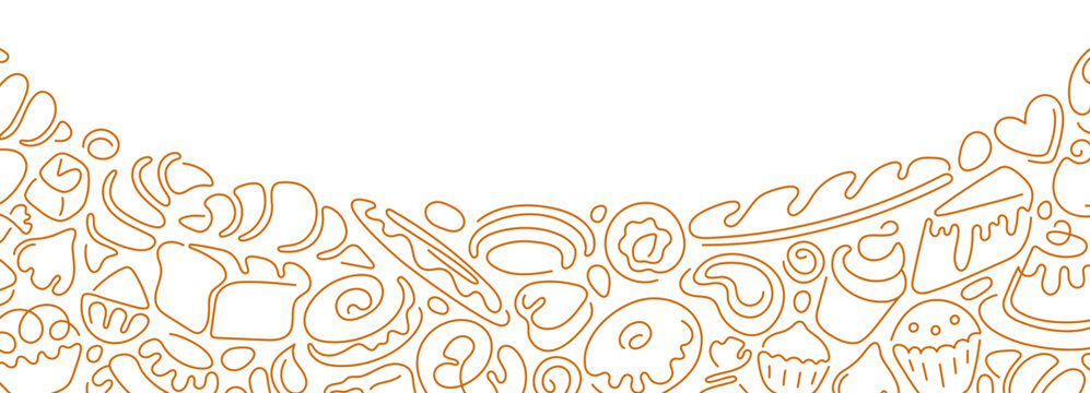 Fresh bakery bread and pastries sketched in line art style. Perfect template backdrop for cafe menu, breakfast banner or vintage food poster with croissant and baguette, sweet cake. Editable stroke